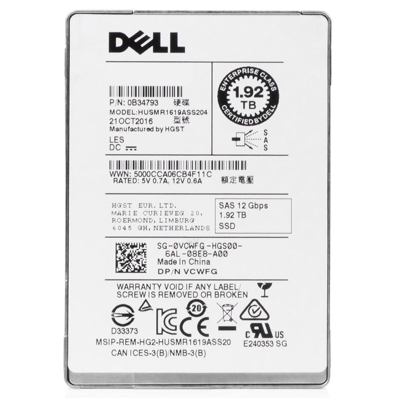 Dell/HGST Ultrastar SSD1600MR HUSMR1619ASS204 0B34793 1.92TB 1 DWPD SAS 12Gb/s MLC 2.5in Refurbished SSD
