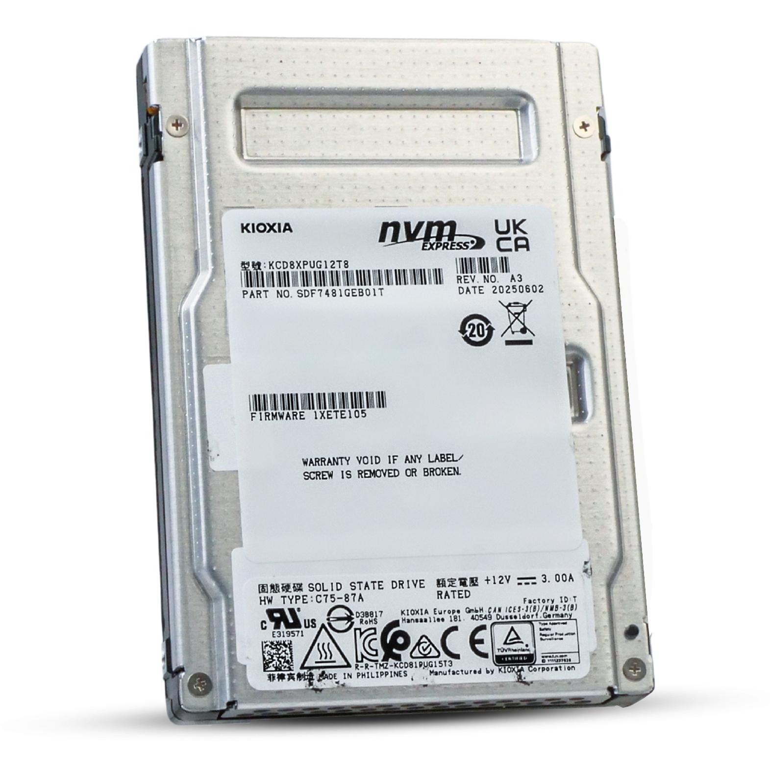 Kioxia CD8P-V KCD8XPUG12T8 12.8TB 3 DWPD PCIe Gen 5.0 x4 16GB/s 3D TLC U.3 NVMe 2.5in Mixed Use SSD