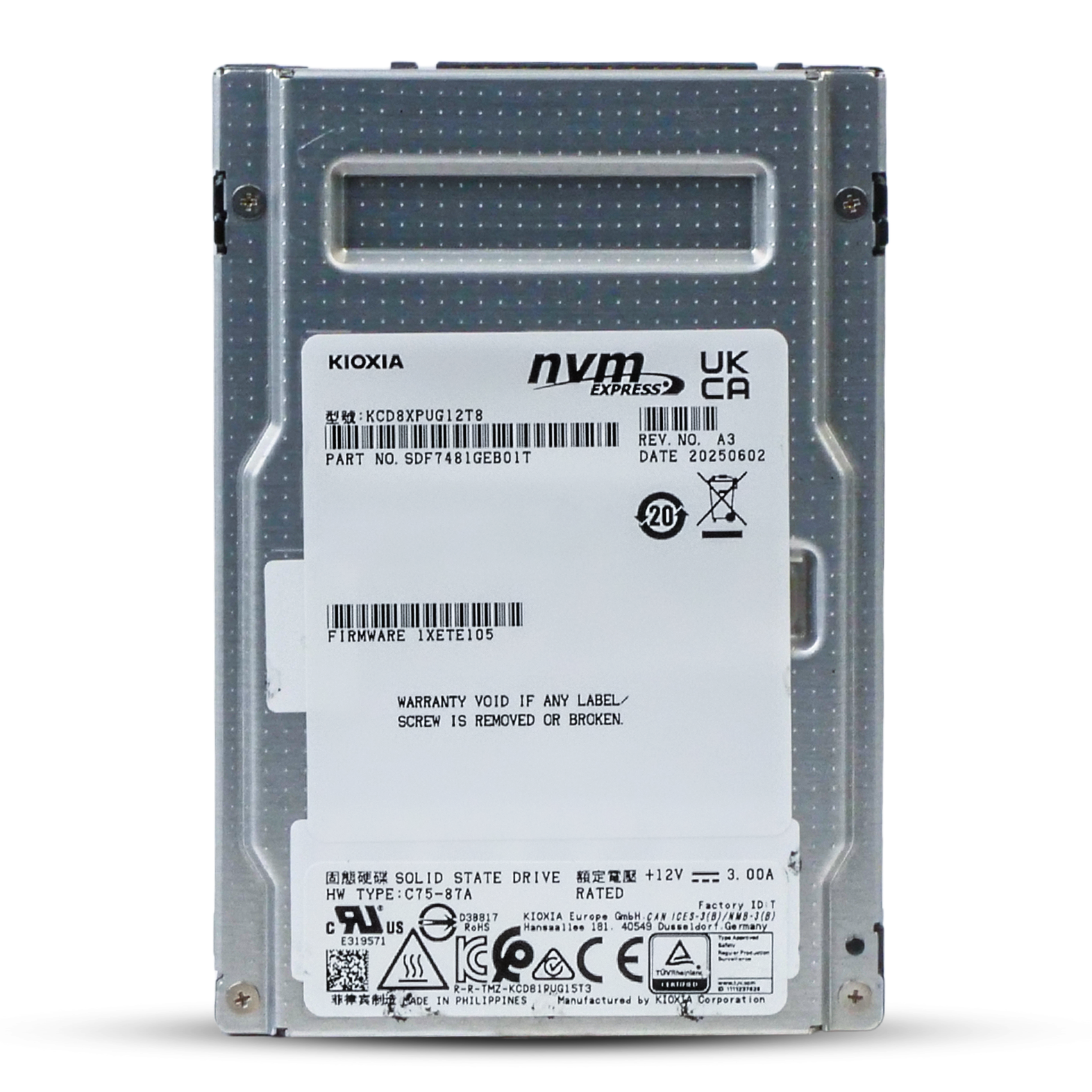 Kioxia CD8P-V KCD8XPUG12T8 12.8TB 3 DWPD PCIe Gen 5.0 x4 16GB/s 3D TLC U.3 NVMe 2.5in Mixed Use SSD