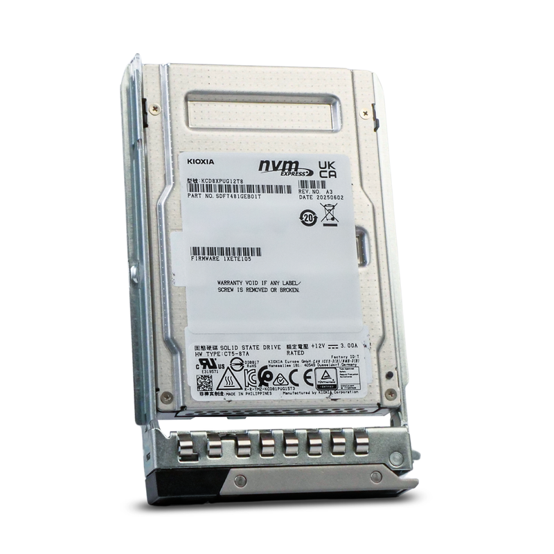Kioxia CD8P-V KCD8XPUG12T8 12.8TBPCIe Gen 5.0 x4 16GB/s 3D TLC U.3 NVMe 2.5in SSD in Dell G14 Tray, front angled view