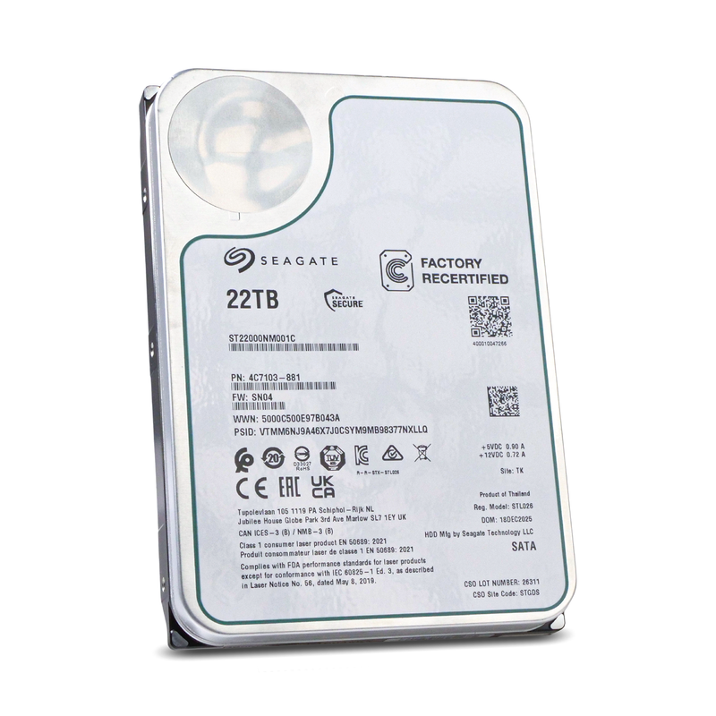 Seagate Exos ST22000NM001C 22TB 7.2K RPM SATA 6Gb/s 512e 512MB 3.5in Recertified HDD