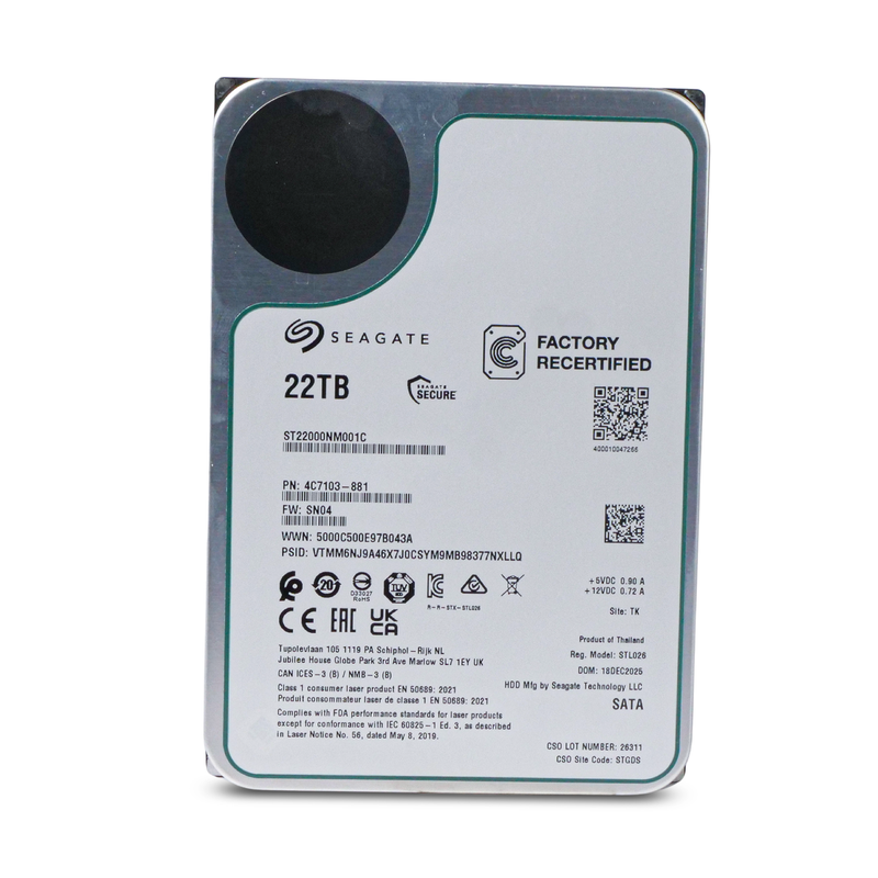 Seagate Exos ST22000NM001C 22TB 7.2K RPM SATA 6Gb/s 512e 512MB 3.5in Recertified HDD