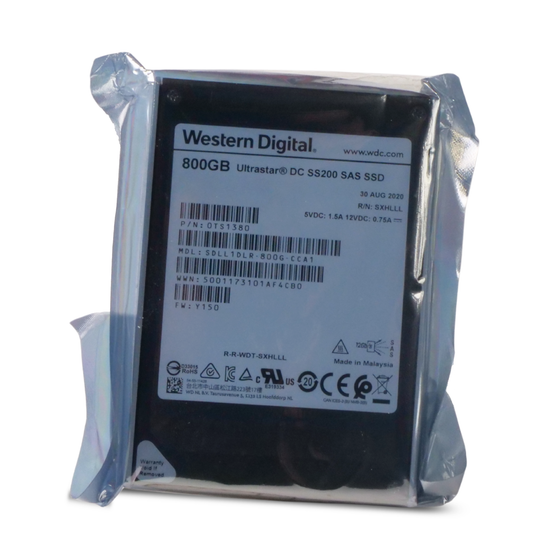 Western Digital Ultrastar DC SS200 SDLL1DLR-800G-CCA1 0TS1380 800GB 3 DWPD SAS 12Gb/s MLC 2.5in SSD