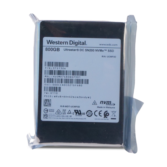 Western Digital Ultrastar SN200 HUSMR7680BDP301 0TS1306 800GB 3 DWPD PCIe Gen 3.0 x4 4GB/s MLC U.2 NVMe 2.5in SSD