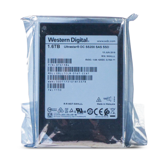 Western Digital Ultrastar DC SS200 SDLL1CLR-016T-CCA1 0TS1384 1.6TB 3 DWPD SAS 12Gb/s MLC 2.5in SSD