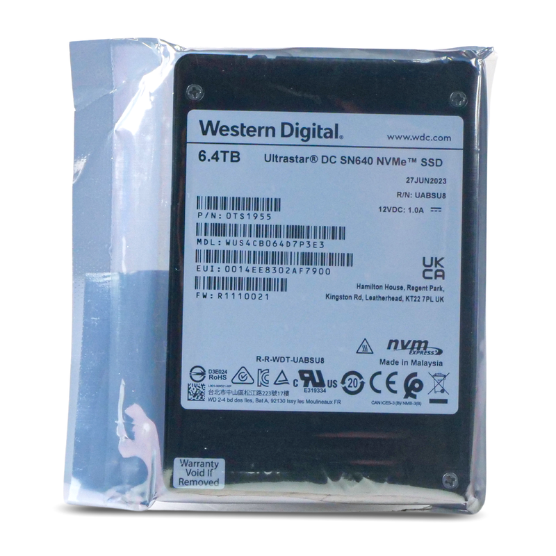Western Digital Ultrastar DC SN640 WUS4CB064D7P3E3 0TS1955 6.4TB 2 DWPD PCIe Gen 3.1 x4 4GB/s 3D TLC U.2 NVMe 2.5in SSD