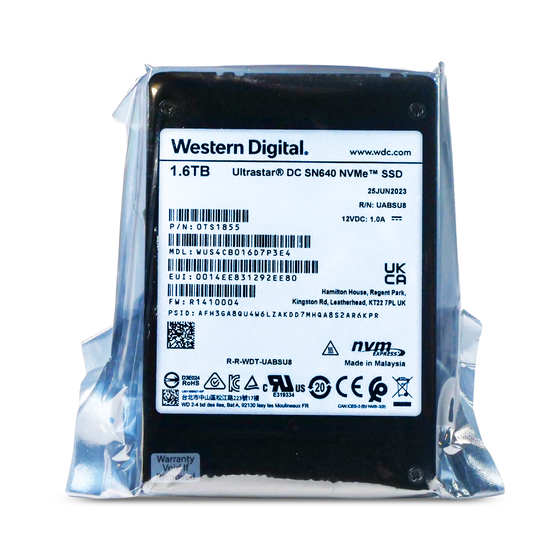 Western Digital Ultrastar DC SN640 WUS4CB016D7P3E4 0TS1855 1.6TB 2 DWPD PCIe Gen 3.1 x4 4GB/s 3D TLC U.2 NVMe 2.5in SSD