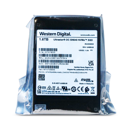 Western Digital Ultrastar DC SN640 WUS4CB016D7P3E4 0TS1855 1.6TB 2 DWPD PCIe Gen 3.1 x4 4GB/s 3D TLC U.2 NVMe 2.5in SSD