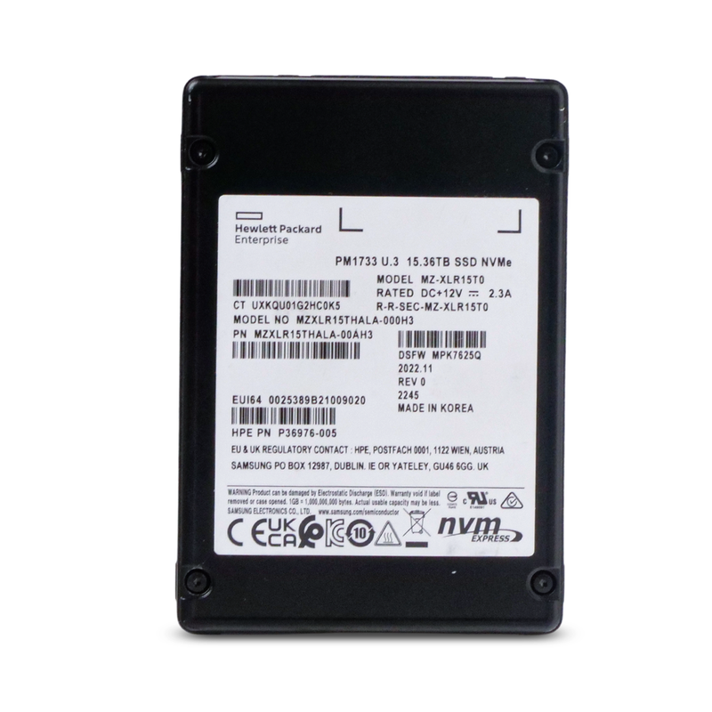 HP/Samsung PM1733 MZXLR15THALA P36976-005 15.36TB PCIe Gen 4.0 x4 8GB/s U.3 NVMe 2.5in Solid State Drive