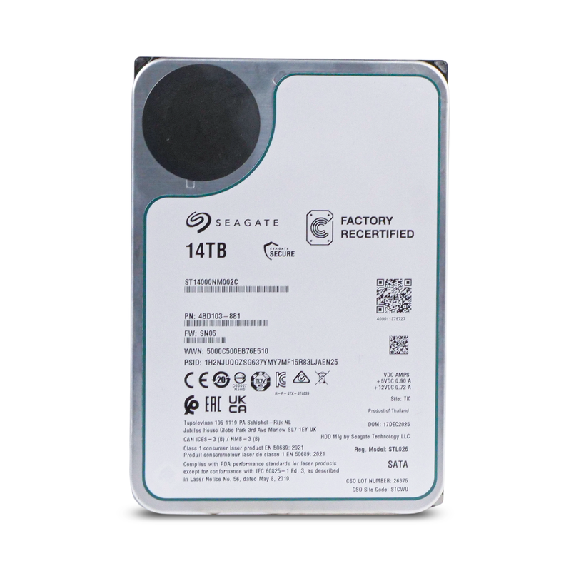 Seagate Exos ST14000NM002C 14TB 7.2K RPM SATA 6Gb/s 512e 256MB 3.5in Recertified HDD