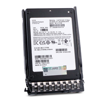 Angled front view of HPE PM1643a 3.84TB SAS 12Gb/s enterprise SSD in HPE Smart Carrier for reliable server storage.