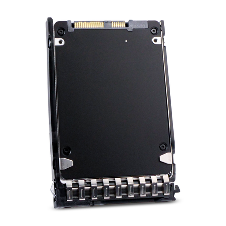 Angled rear view of HPE PM1643a 3.84TB SAS 12Gb/s enterprise SSD in HPE Smart Carrier with SAS connector visible.