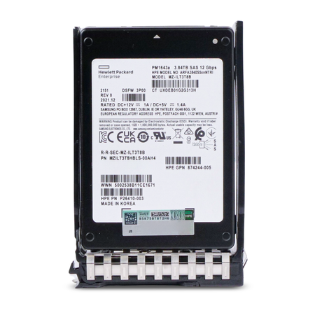 Front view of HPE PM1643a 3.84TB SAS 12Gb/s enterprise SSD mounted in HPE Smart Carrier for server storage systems unit.