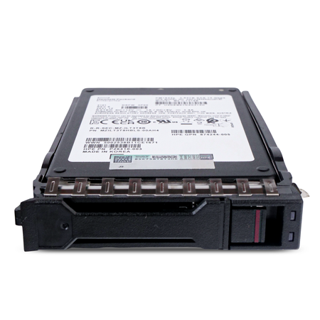 Low-angle front view of HPE PM1643a 3.84TB SAS 12Gb/s enterprise SSD in HPE Smart Carrier for server applications.