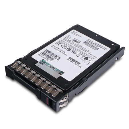 Angled top view of HPE PM1643a 3.84TB SAS 12Gb/s enterprise SSD in HPE Smart Carrier for reliable server storage.