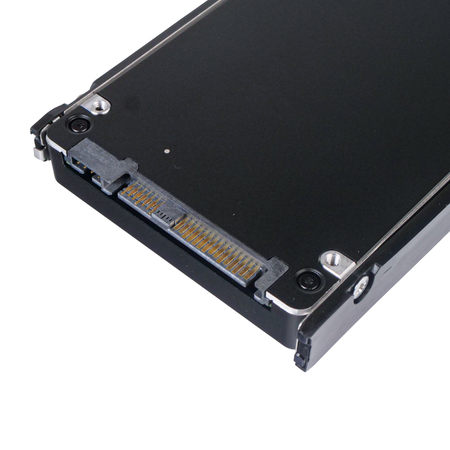 Close-up of HPE PM1643a 3.84TB SAS 12Gb/s SSD connector with gold SAS interface contacts for enterprise server storage.