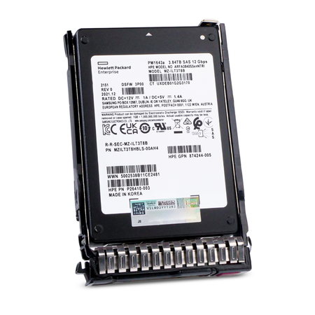 Angled front view of HPE Samsung PM1643a 3.84TB SAS 12Gbps 2.5-inch SSD in a hot-swap tray, label and latch visible