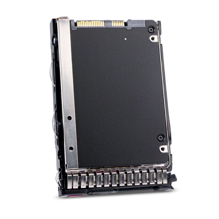 Angled rear view of a 2.5-inch SAS SSD in an HPE hot-swap tray, showing gold SAS connector pins and caddy frame