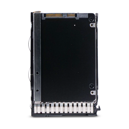 Rear view of a 2.5-inch SAS SSD in an HPE hot-swap drive tray, showing the SAS connector at top and metal caddy rails