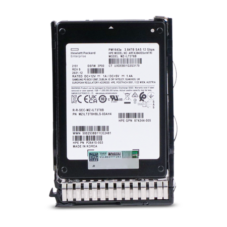 Front label view of HPE Samsung PM1643a 3.84TB SAS 12Gbps 2.5-inch SSD in a hot-swap drive tray with release latch