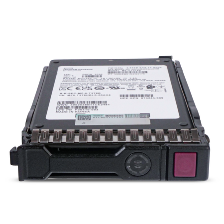 Low-angle view of HPE Samsung PM1643a SAS SSD in a hot-swap tray, front carrier latch and release button facing forward
