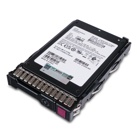 Tilted side view of HPE Samsung PM1643a SAS SSD in a hot-swap tray, showing label, carrier side rail, and release button