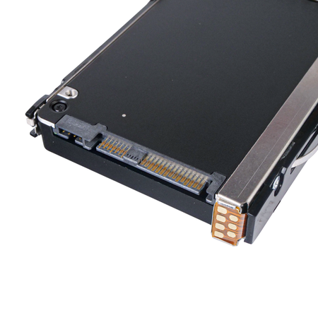 Close-up of enterprise U.2 NVMe SSD connector with PCIe interface, showing gold contacts and drive edge detail view.