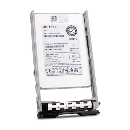 Dell EMC 3.84TB SATA SSD (model HFS3TBG3H2X069N) in a Dell drive caddy, angled view.