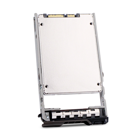 Underside of a 2.5-inch SATA SSD in a Dell drive caddy, angled view showing the connector and silver casing.