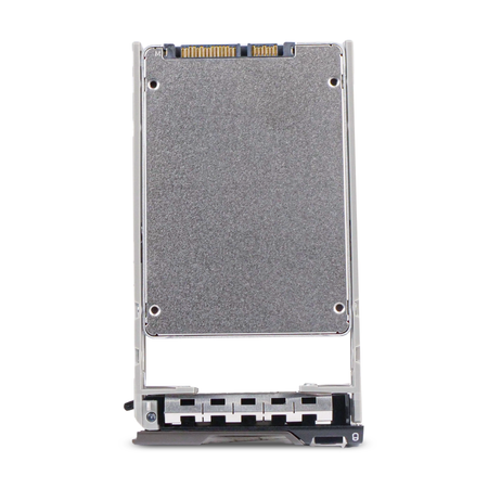 Underside of a 2.5-inch SATA SSD in a Dell drive caddy, showing the connector and silver casing.