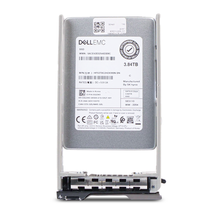 Dell EMC 3.84TB SATA SSD (model HFS3TBG3H2X069N) in a Dell drive caddy, front view.