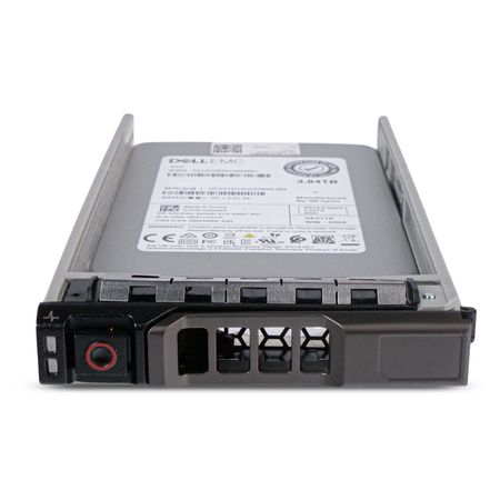 Dell EMC 3.84TB SATA SSD (model HFS3TBG3H2X069N) in a Dell drive caddy, front view with handle.