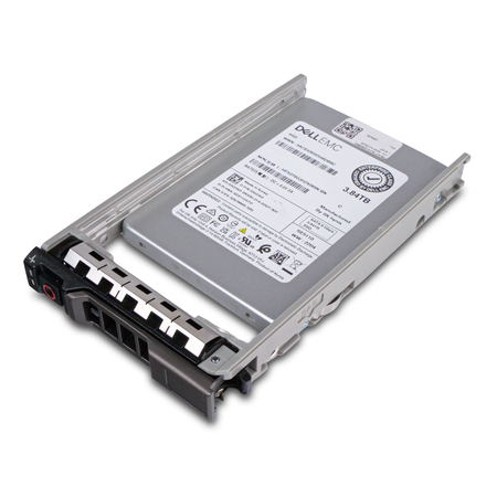 Dell EMC 3.84TB SATA SSD (model HFS3TBG3H2X069N) in a Dell drive caddy, angled side view with handle.