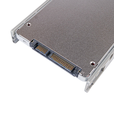 Close-up of a 2.5-inch SATA SSD in a drive caddy, showing the SATA data and power connector.