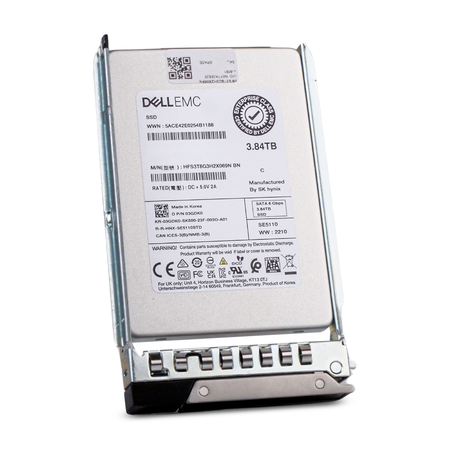 Dell EMC 3.84TB SATA SSD (model HFS3TBG3H2X069N) in a Dell drive caddy, angled view.