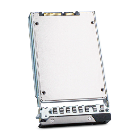 Underside of a 2.5-inch SATA SSD in a Dell drive caddy, angled view showing the connector and silver casing.
