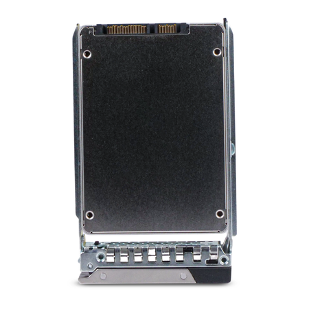 Underside of a 2.5-inch SATA SSD in a Dell drive caddy, showing the connector and black casing.