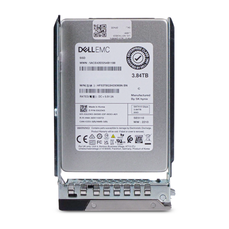 Dell EMC 3.84TB SATA SSD (model HFS3TBG3H2X069N) in a Dell drive caddy, front view.