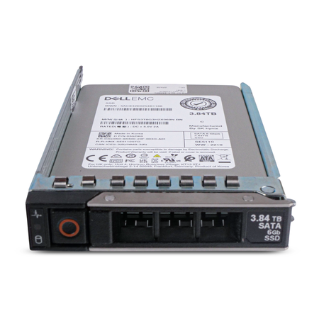 Dell EMC 3.84TB SATA 6Gb SSD (model HFS3TBG3H2X069N) in a Dell drive caddy, front view with label.