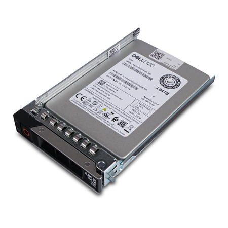 Dell EMC 3.84TB SATA SSD (model HFS3TBG3H2X069N) in a Dell drive caddy, angled side view.