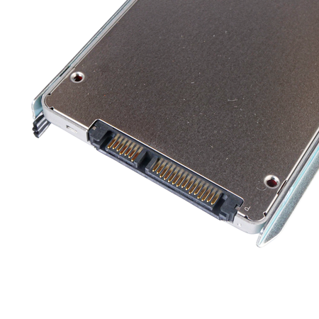 Close-up of a 2.5-inch SATA SSD in a drive caddy, showing the SATA data and power connector.