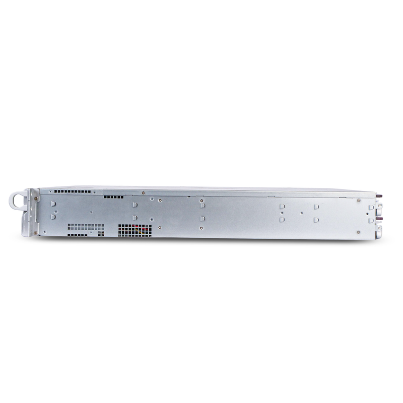 Side view of a 2U rackmount server chassis with a silver metal enclosure.