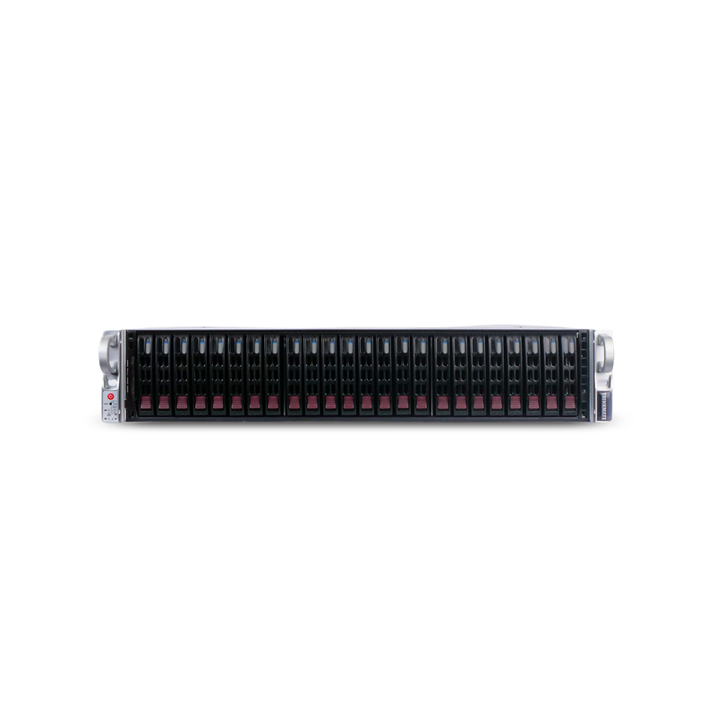 Front view of a 2U rack-mounted server featuring 24 hot-swap drive bays with red pull tabs and status indicators.