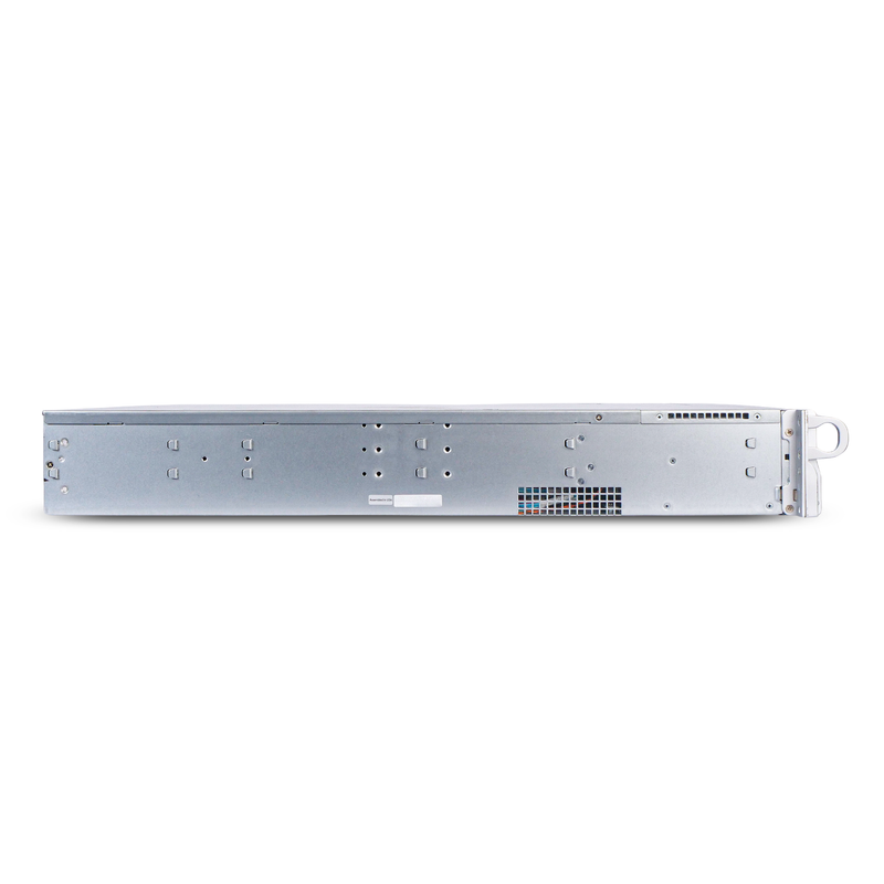 Side view of a 2U rackmount server chassis with a silver metal enclosure.
