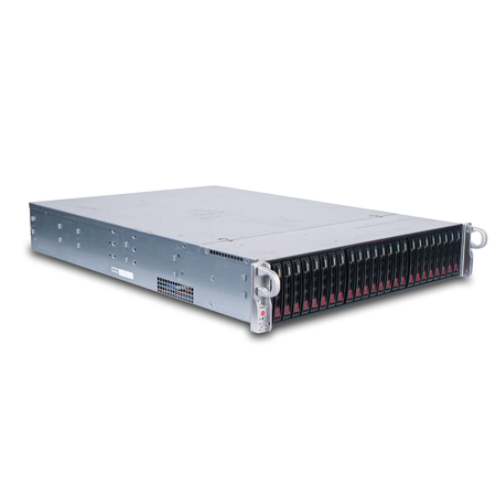 Angled view of a 2U rack-mounted server with 24 hot-swap drive bays and red pull tabs.