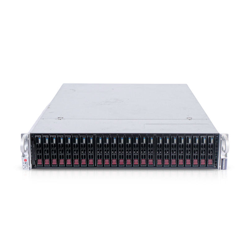 Front view of a 2U rack-mounted server with 24 hot-swap drive bays, red pull tabs, power button, and status indicators.