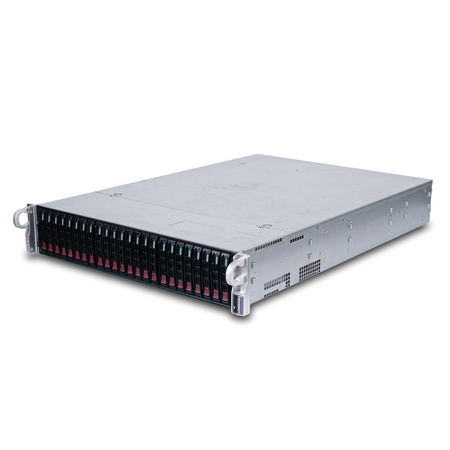 Angled top view of a 2U rack-mounted server with 24 hot-swap drive bays, red pull tabs, and a side ventilation panel.