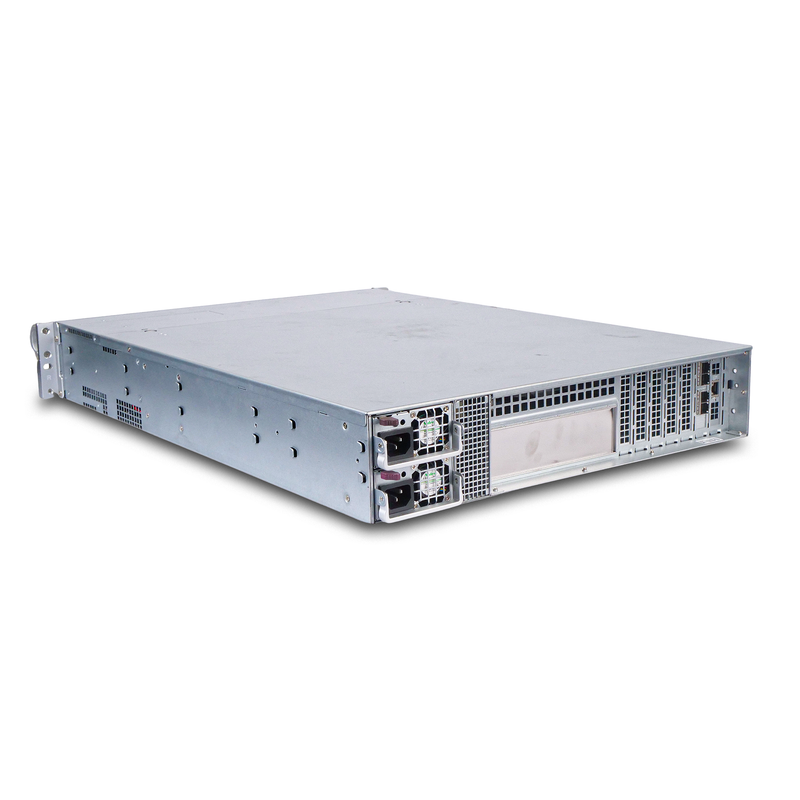 Angled rear view of a 2U rack-mounted server with dual power supplies, ventilation grilles, and expansion slots.