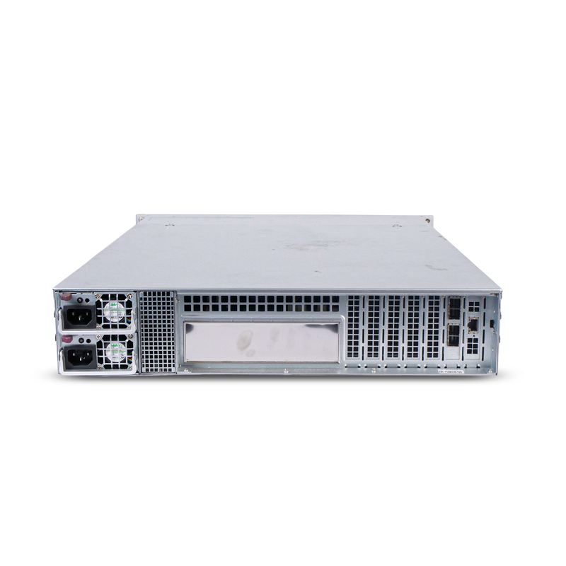 Rear view of a 2U rack-mounted server with dual power supplies, ventilation grilles, and multiple expansion slots.