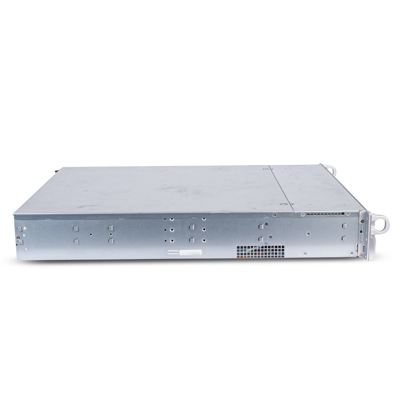 Side view of a 2U rack-mounted server chassis showing the top panel, mounting holes, ventilation grille, and carry handle.